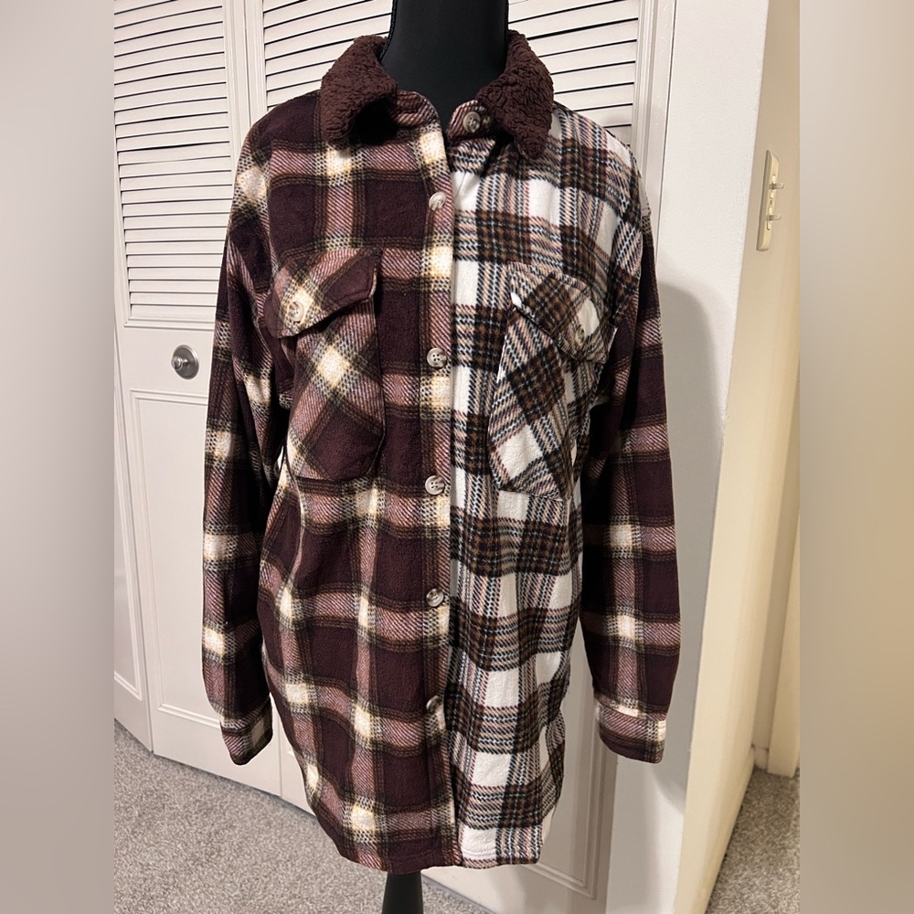 Brown Plaid Shacket, Cozy Fleece Button-Up Jacket